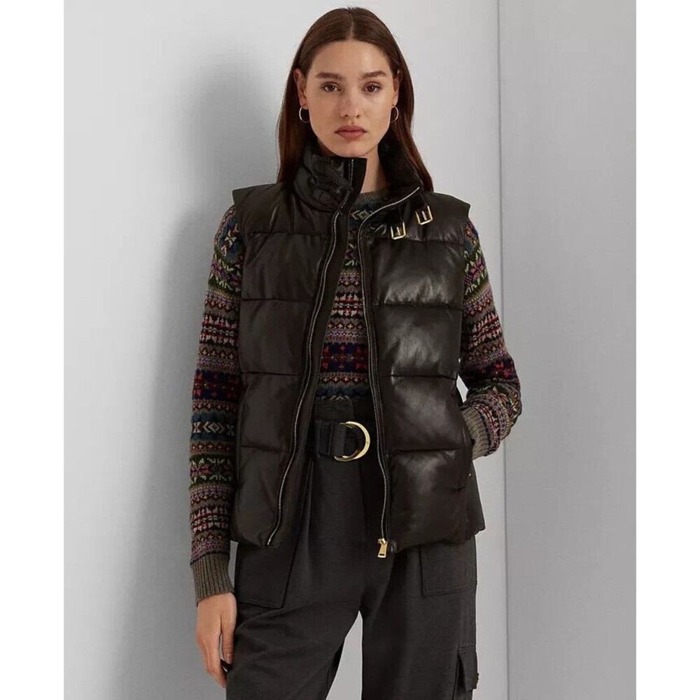 NWT $495 Lauren Ralph Lauren Women's Vest 22W LEATHER Quilted Puffer 100% LAMB N